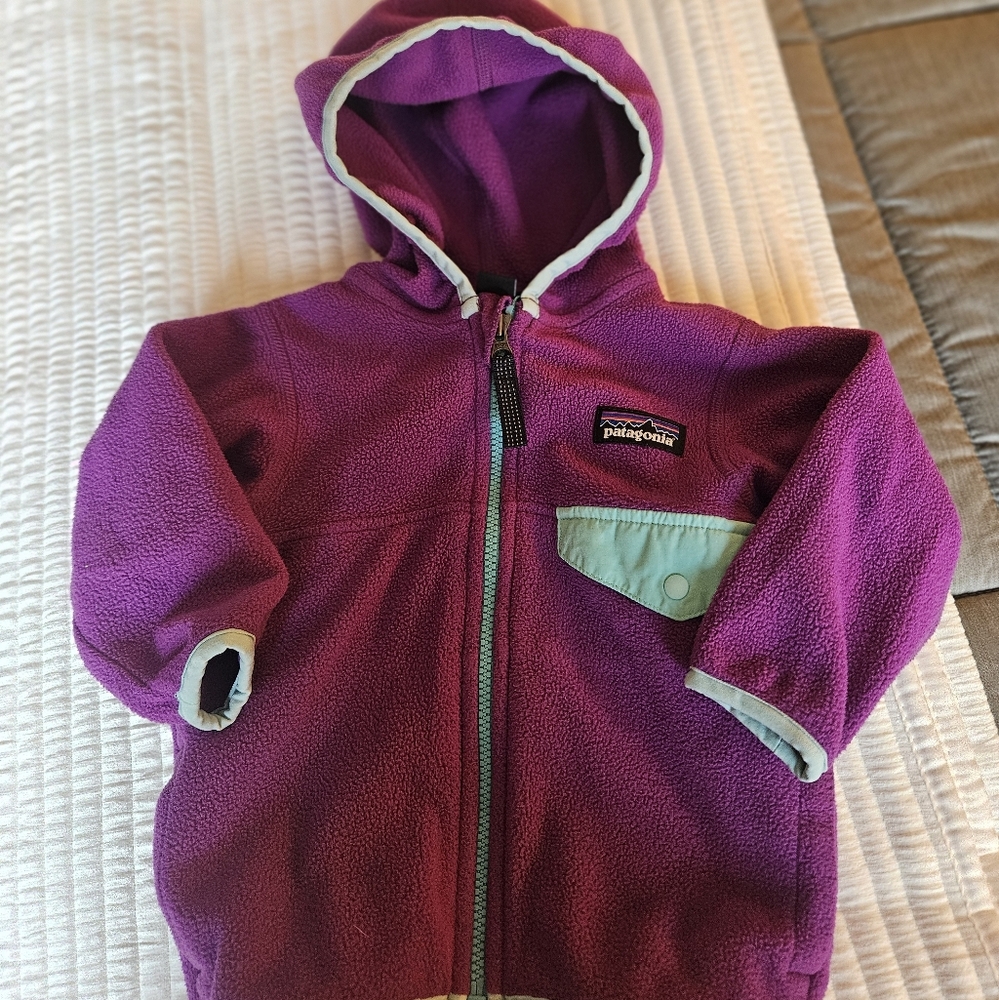 Patagonia Kids Fleece Hoodie in Purple and Mint